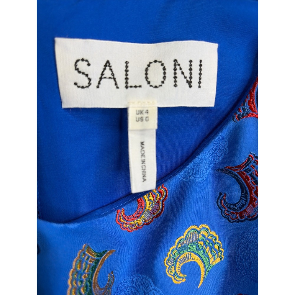 Saloni Vida Silk Satin Floral Jacquard Midi Dress Puff Sleeve‎ Cobalt Blue - Picture 7 of 9